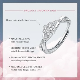 925 Sterling Silver Rings, Adjustable Open Rings Eternity Thumb Rings for Women Girls Flower Cubic Zirconia Twist Ring Wedding Promise Anniversary Ring, with Jewellery Box, Silver