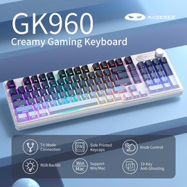 MageGee MageGee GK960 Wireless Gaming Keyboard, RGB Tri-Mode Wired/BT/2.4G Creamy Keyboard with Number Pad, 4000mAh Battery, Knob Control, Side Printed Keycaps, 19-Key Anti-Ghosting for Win/Mac (Black & Blue)