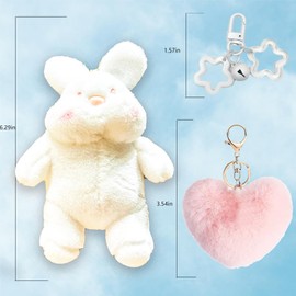 vaxvvik Cute Plush Rabbit Keychain Soft White Rabbit with Pink Artificial Fur Heart Pendant, 2 Pcs Charms for Rubber Beach Bag, Christmas Gift for Women Purse, Backpack, Handbag, CP11