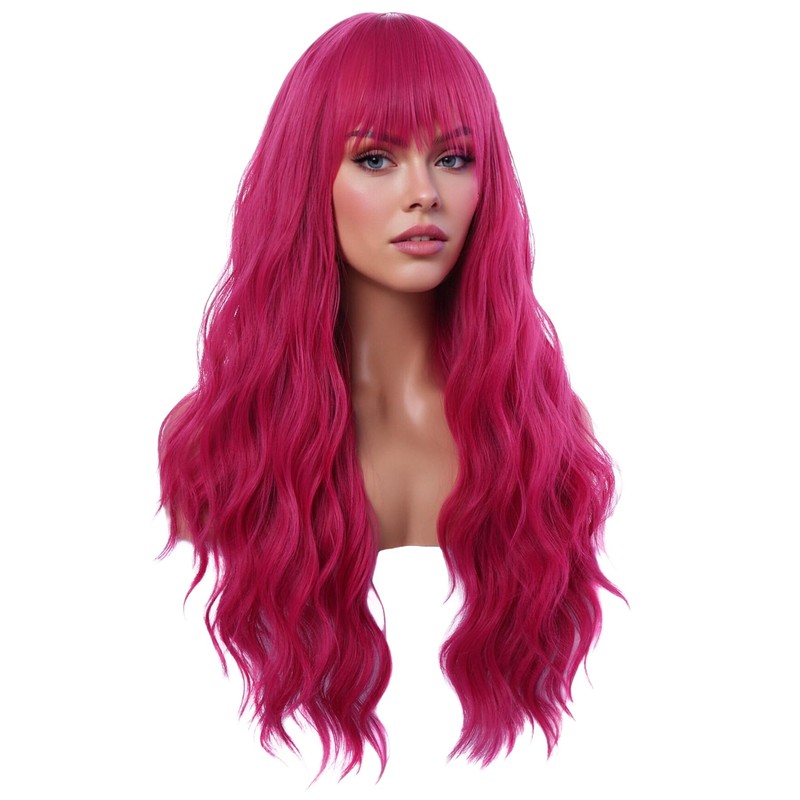 Women Hot Pink Wigs with Bangs Magenta Long Curly Wig
