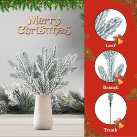 KPUETY 14Pcs 11" Snow Frosted Artificial Pine Needle Branches, Greenery Stems Fake Snow-Covered Winter Pine Branches for Christmas Crafts, Wreaths, Garlands, and Holiday Decor (14)