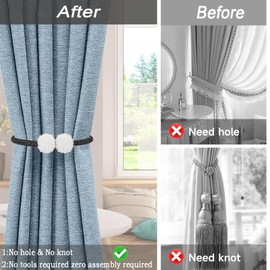 Magnetic Curtain Tie Backs, Magnetic Curtain Clips Rope Curtain Holder Buckles Small Bead Curtain Buckle Clips Rope Holders for Home Office Hotel Window Decoration (Black, 4-PACK)