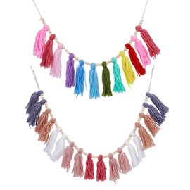 HOBBIESAY 2 Style Woolen Yarn Tassel Garland Rainbow Color Wall Hanging Ornament Boho Style Tassel Banner Pennant Wood Round Beads Tassel Wall Garland for Nursery Bedroom Wall Decoration