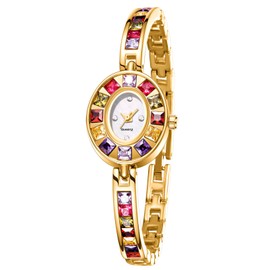 ADSBIAOYE Luxury Vintage Colorful Crystal Oval Watch Fashion Ladies Small Dial Dress Quartz Wrist Watch Waterproof Watch (01 Gold)