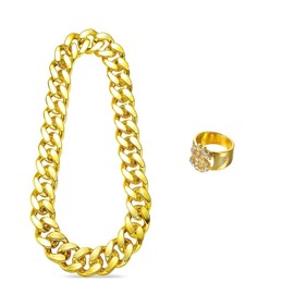 2pcs Hip Hop Costume Set With Fake Gold Chain & Accessories - 80s/90s Rapper Style Necklace and Ring for Men, Women, Kids - Perfect for Disco, Fancy Dress, Carnival, and Themed Parties
