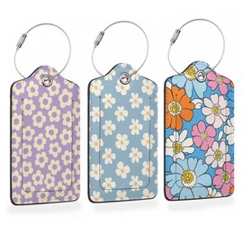 Retro Cream Daisies PU Leather Luggage Tags for Suitcase, Colorful Floral Travel Cruise 3 Pack with Privacy Flap, Name ID Label and Metal Loop for Women Men Girls Baggage Bag Backpack