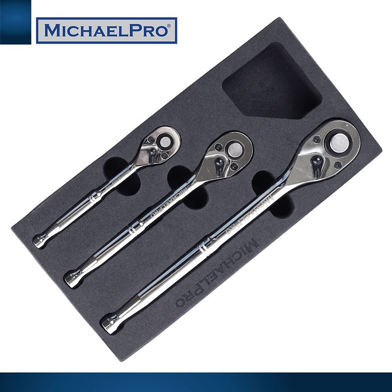 MichaelPro 3-Piece Quick-Release Ratchet Set with Teardrop Head, 90 Tooth