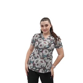 FUBU Women's V-Neck Print Scrub Top Medical Nursing Uniform-Typed Floral-Large
