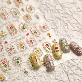 1 Sheets 5D Embossed Flower Nail Stickers for Nail Art Gold Nail Art Stickers with Spring Summer Flowers Design Daisy Rose Nail Decals Nails Supplies for Women DIY Nail Decoration