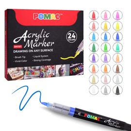 POMAC Acrylic Paint Markers Pens 24 Assorted Colors, Water-Based Paint Marker Pens Brush Tip, No-Bleed Liquid Acrylic Markers Waterproof for Fabric, Canvas, Rock, Glass, Wood, DIY Crafts, Art Supplies