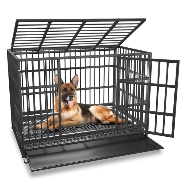BOLDBONE 54/48/42/38 inch Heavy Duty Indestructible and Escape-Proof Dog Crate Cage Kennel for Large Dogs, High Anxiety Dog Crate with Removable Crate Trays, Wheels and Double Door, Extra Large XL XXL