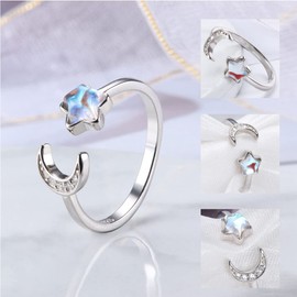 KALVICA 925 Sterling Silver Moonstone Ring for Women Men Moon Star Ring Silver Open Ring Adjustable Ring Jewellery Gift for Mom Grandmother Girlfriend