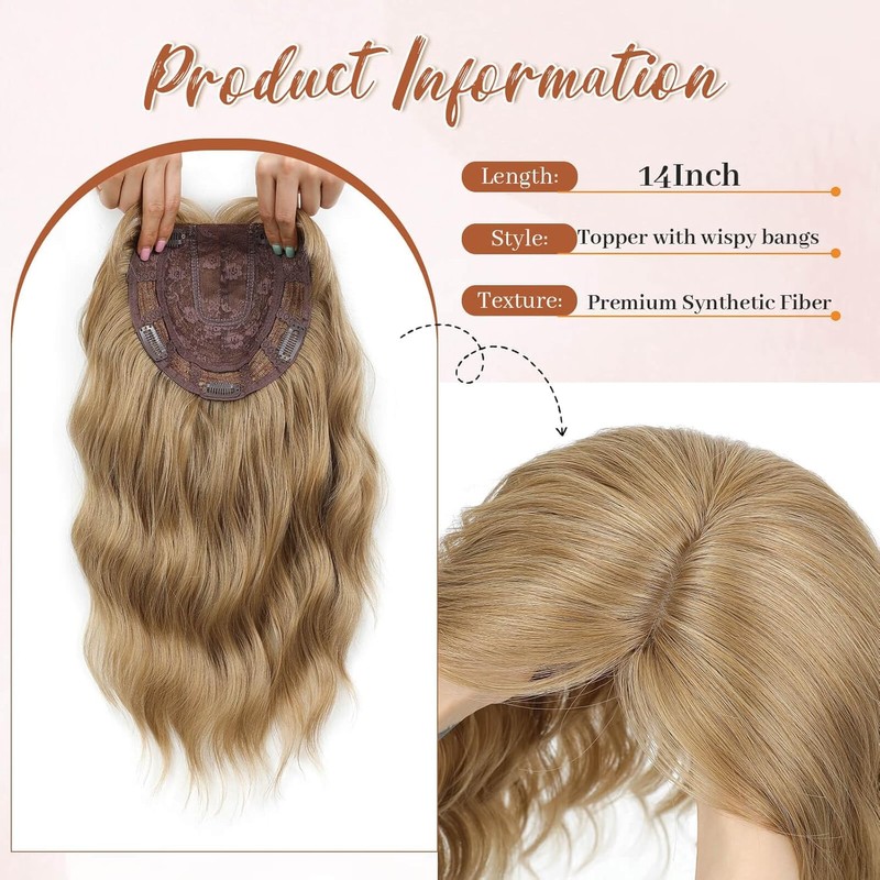 Hair Topper with Wispy Bangs 14" Wavy Hair Pieces for
