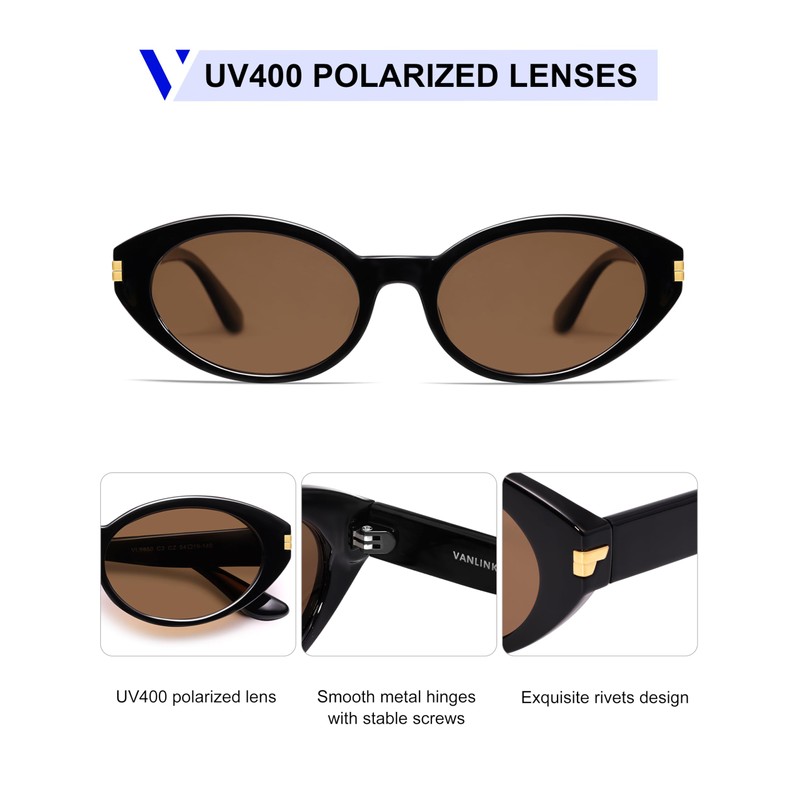 VANLINKER Polarized Retro Oval Sunglasses for Women Men Small Face