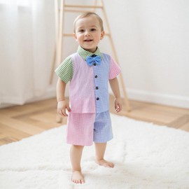 LAGKIYOJ Toddler Baby Boy Clothes Plaid Color Block Button Down Shirt Elastic Waist Shorts Newborn Infant Boy Summer Outfit (Multicolor Mexican, 18-24 Months)