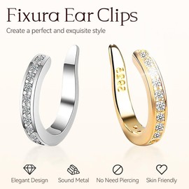Fixura Ear Clips - Fixura, Zafiller Ear Clip, Ear Corrector Clips, Thin Chunky Ears Cuffs Non Piercing for Women (Silver)