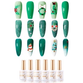 Gellen Emerald Green Gel Nail Polish Set, 0.33 oz 6 Colors Semi Sheer Jade Green Gel Polish Kit Translucent No Wipe Soak Off Glossy UV Gel for Nail Manicure DIY Art Christmas Winter Summer