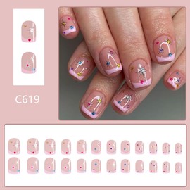 Pink French Tip Press on Nails Short Square Fake Nails with Glitter Star Nail Design False Nails Daily Wear Nails Cute Stick on Nails for Women and Girls DIY Glue on Nails 24Pcs