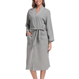 Vlazom Waffle Dressing Gowns Unisex Kimono Robe Cotton Lightweight Bathrobe for All Seasons Spa Hotel Sleepwear, Grey, XXL