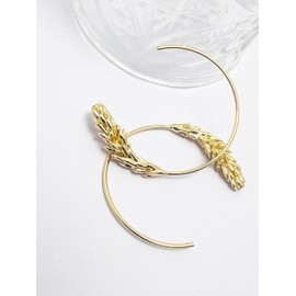 Wheat Ear Design Gold Hoop Earrings, Open Cuff Style, Delicate Leaf Pattern