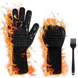 PHILORN Potholder, Heat Resistant Mittens, 5 Fingers, Heat Resistant Gloves, Barbecue Gloves, Cooking Gloves, Maximum Heat Resistant Temperature of 1762°F (800°C), Heat Resistant Mitt, Anti-Slip, For Both Left & Right Use, Unisex, Easy to Put on and Take