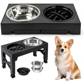 Comedero Elevado Ajustable para Perro, Soporte con 5 Niveles de Altura, Incluye Comedero Lento y 2 Cuencos de Acero Inoxidable, para Mascotas Pequeñas, Medianas y Grandes