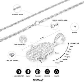 TRIPOD JEWELRY Womens White Real Gold Plated Evil Eye Hamsa Hand Pendant Necklace Iced Out Good Luck Protection Fatima Pendants Chain for Teens Mens(White gold, 22inch)