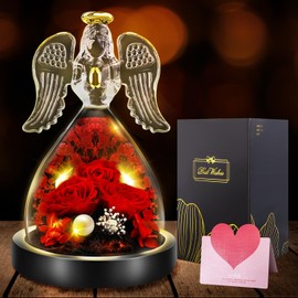 FIVE MEN Mothers Day Rose Gifts for Mom Grandmas, 7" Glass Angel Figurines with Real Rose Gifts for Her, Preserved Flower Rose with Lights for Women Mother's Day Anniversary Birthday Gift (Purple)