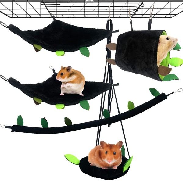 kathson Hamster Cage Hammock Small Animals Hanging Hammocks with Squirrel Cages Accessories Hang Tunnel Swing for Sugar Glider Toys Rat Swing Jungle Set Plush Hamsters Warm Beds (5 Pcs)