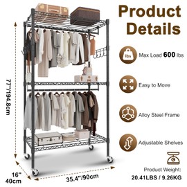 Whitmor 3 Tier Rolling Garment Rack, Heavy Duty Adjustable Metal Clothing Rack with Side Hooks, Double Rods & 360° Lockable Wheels, Max 600LBS for Hanging Clothes, 35.4" L x 16" W x 77" H, Black