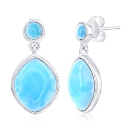 Beaux Bijoux Sterling Silver Round & Marquise Blue Larimar Earrings for Women - Natural Larimar Stone Jewelry - Unique Hypoallergenic Dangle Larimar Earrings for Women