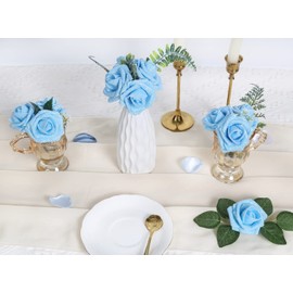IPOPU Artificial Glitter Roses, 25pcs Foam Glitter Roses Glitter Flowers Foam Rose with Stem for DIY Wedding Bridal Bouquet Home Party Decoration(Light Blue)