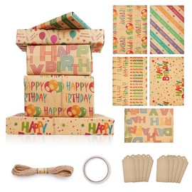 OFFCUP Birthday Wrapping Paper, 5 Sheets Kraft Gift Paper, 50 x 70 cm, Gift Wrapping Paper, Children's Happy Birthday Wrapping Paper, Recyclable Birthday Paper with 10 x Labels, Tape Rope