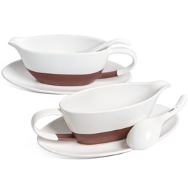 LE TAUCI 16 OZ Gravy Boat with Ladle and Saucer, Ceramic Gravy Bowl with Tray and Ladle for Thanksgiving Dinner, Microwave and Dishwasher Safe, Set of 2, Chestnut Red and White
