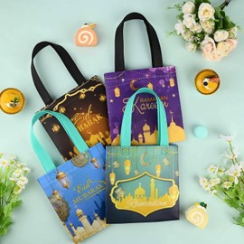 LOONELO Ramadan Mubarak Gift Bags with Handle, 8pcs Eid Mubarak Non-Woven Favor Tote Bags for Goodie, Biscuit, Muslim Reusable Candy Bags for Ramadan Kareem Hajj Festival Wedding Party Decorations