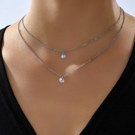 TseenYi Silver Multilayer Necklace Sparkling Cubic Zirconia Pendant Necklace Crystal Pendant Multilayer Chain Necklace Jewellery for Women and Girls Gifts