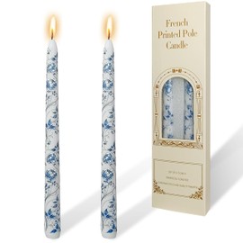 Blue and White Porcelain Taper Candles 10 inch - 2 Pack Peony Pattern Printed Smokeless, Unscented Tall Candlesticks Perfect for Home Decor, Weddings, and Special Occasions