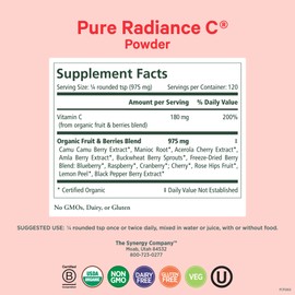 Pure Synergy Pure Radiance C | Organic Vitamin C Powder | 100% Natural, Whole Food, Non-GMO Supplement with Camu Camu Extract | for Immune and Collagen Support (4 oz Powder)