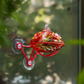 Window Hummingbird Feeder - Hand Blown Glass Mounted Hummingbird Feeder with Strong Suction Cups for Outdoor Window Mount (Red)