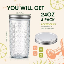 Patelai 24 oz Vintage Mason Jars, 4 Pack Wide Mouth Mason Jars with Airtight Lids, Glass Diamond Texture Canning Storage for Pickling, Fermenting, Storing, Salad Jam DIY Crafts Home Decor