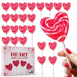 Red Heart Swirl Lollipops - 24 Candy Suckers Individually Wrapped - Heart Party Favors and Candy Bags