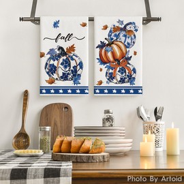 Artoid Mode Blue Pumpkin Fall Kitchen Towels Dish Towels, 18x26 Inch Farmhouse Maple Leaves Autumn Decoration Hand Towels Set of 2