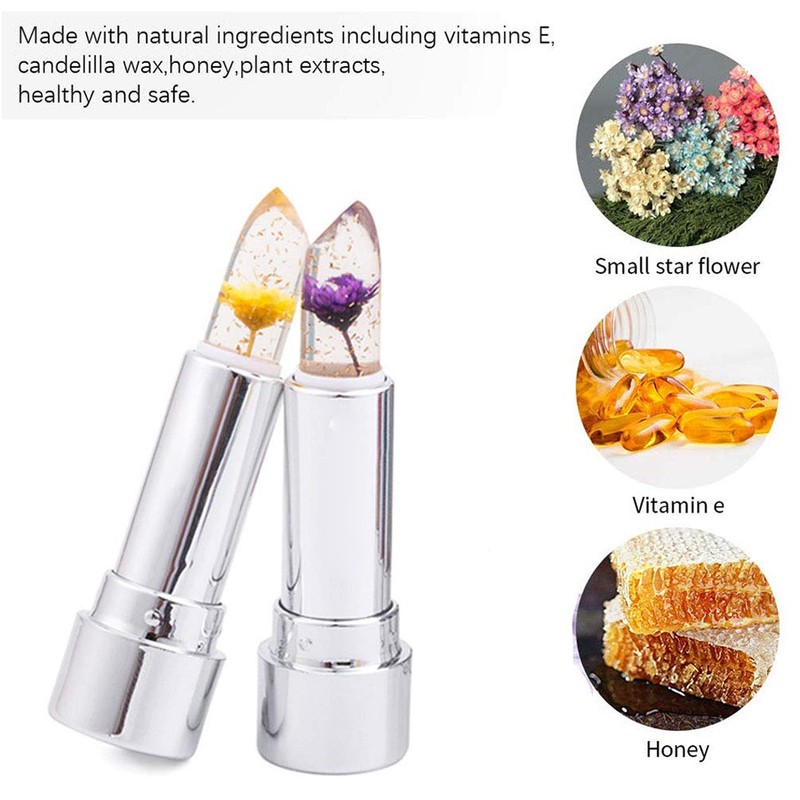 3Pcs Crystal Flower Jelly Lipstick Nutritious Moisturizing Lip Balm Temperature