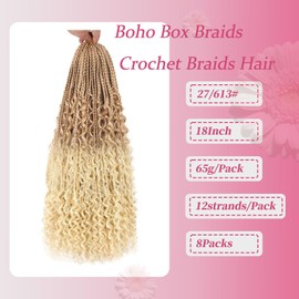 Goddess Box Braids Crochet Hair Pre Looped Boho Box Braids Braiding Hair Curly Ends Bohomian Crochet Box Braids (27/613#, 18 inch)