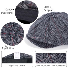Men’s Woolen Newsboy Cap Tweed Gatsby Ivy Cabbie Flat Golf Hat Present for Fathers Women Unisex, Herringbone Plaid Grey, 7 1/8-7 1/4