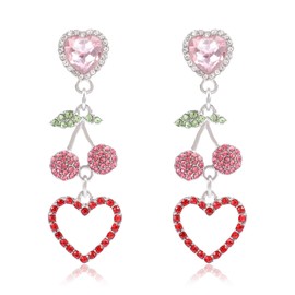 Cute Cherry Red Heart Earrings for Women Dangle Rhinestone Sweet Drop Pink Love Heart Earrings Crystal Cherry Colorful Fruit Statement Earrings for Party Vacation Trendy Y2K Jewelry Gifts for Teens