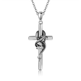 JERWLI Dragon Cross Necklace 925 Sterling Silver Dragon Pendant Necklace Dragon Jewellery for Men Women, Silver