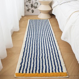 GIB Blue and White Striped Bathroom Rug Mat 16"x47", Yellow Accent, Non-Slip Washable Fluffy Shaggy Microfiber Mat, Absorbent Bath Mat for Bathroom, Aesthetic Runner Rug for Bedroom