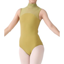Dance Elite - Meribau - Turtleneck Mesh Shoulder Sleeveless Dance Leotard For Women (Olive, Adult L)