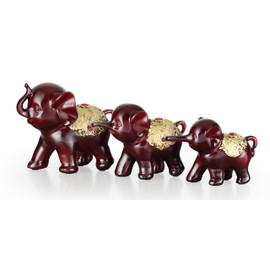usamjtable Set of 3 Wine Red Elephant Trunk Statue Wealth Lucky Feng Shui Figurine Stand Display